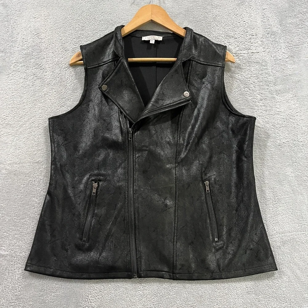 Solitaire by Ravi Khosla Shiny Faux Leather Moto Zip Jacket Vest XL Grunge‎ Goth